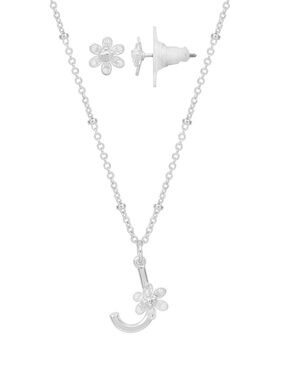 Silver Daisy Initial J Necklace and Stud Earrings Set